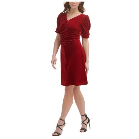 Dkny Dresses & Skirts - DKNY Womens Red Ruched Zippered Velvet Pouf Sleeve V Neck Dress 16 NWT